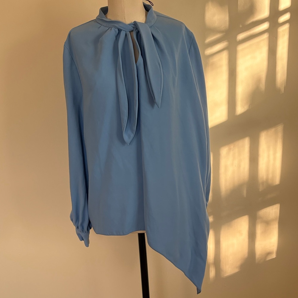 Oscar de la Renta Light Blue Asymmetric Tie-Neck Blouse